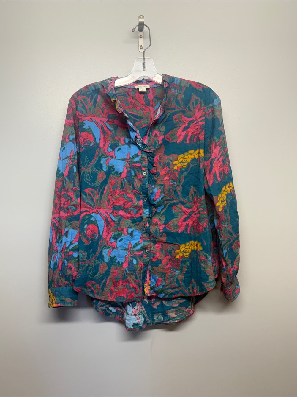 Sundance Teal Floral Ruffle Oversized Button-Down Shirt